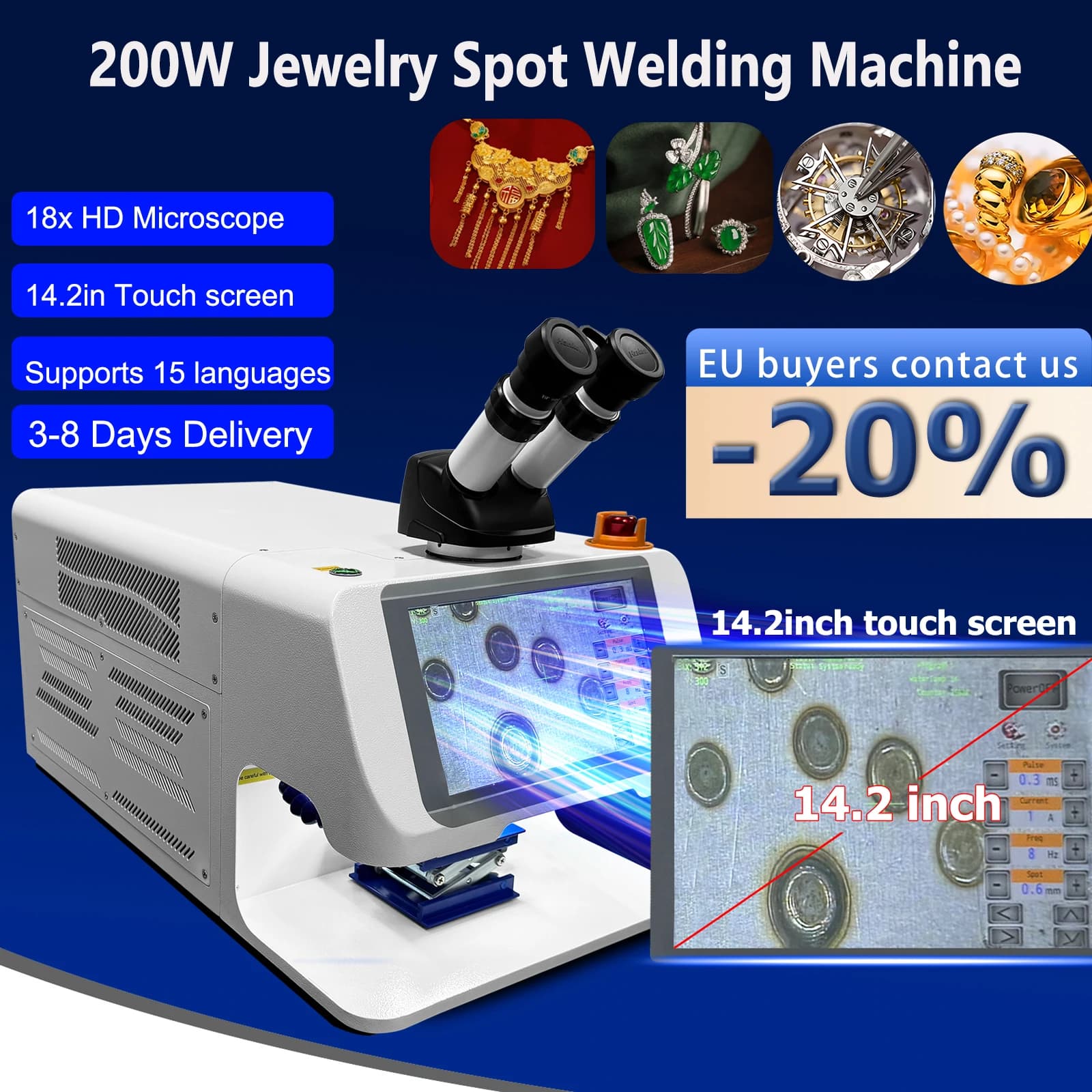 Saldatrice a punti per gioielli da 200 W Saldatura laser touch screen da 14,2 pollici con microscopio CCD YAG 18x per pietre preziose Spedizione veloce