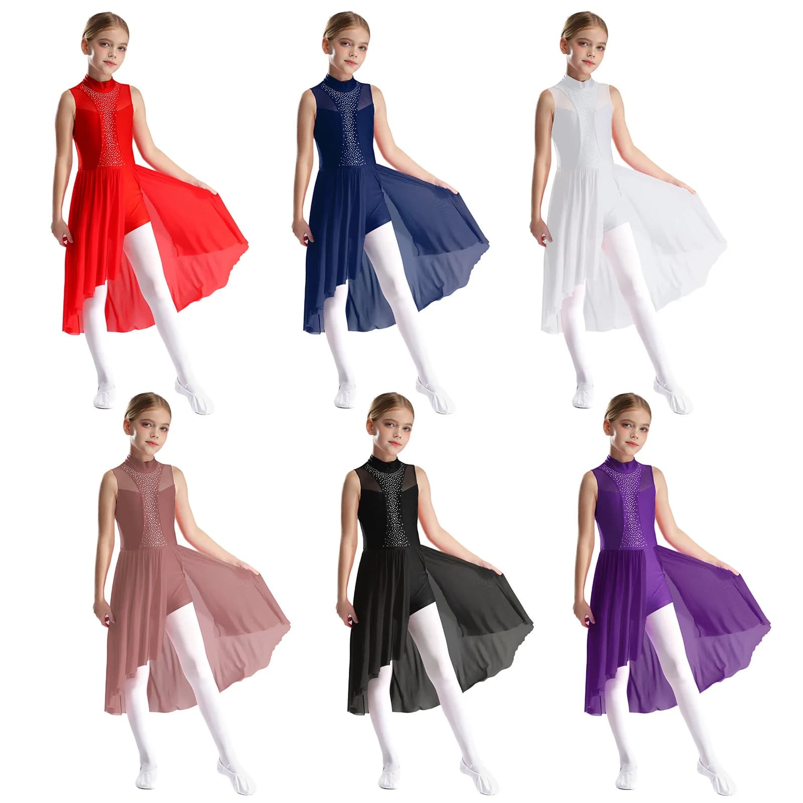 Costume da ballo lirico per bambini Vestito da balletto per ragazze per bambini Body da ginnastica con strass Abiti da pattinaggio di figura Gonna a rete Dancewear