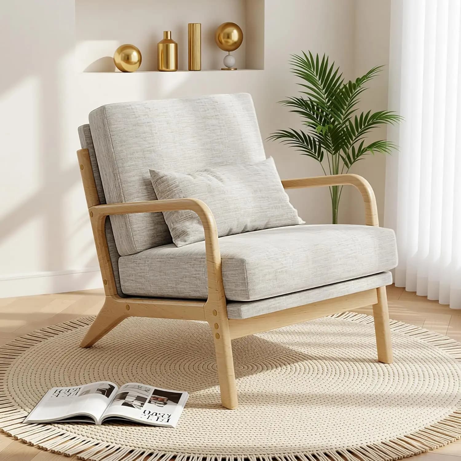 Poltrona Moderna Stile Mid-Century, Sedia da Soggiorno con Struttura in Legno Massello e Cuscino Lombare, Comoda e Imbottita, Personalizzabile