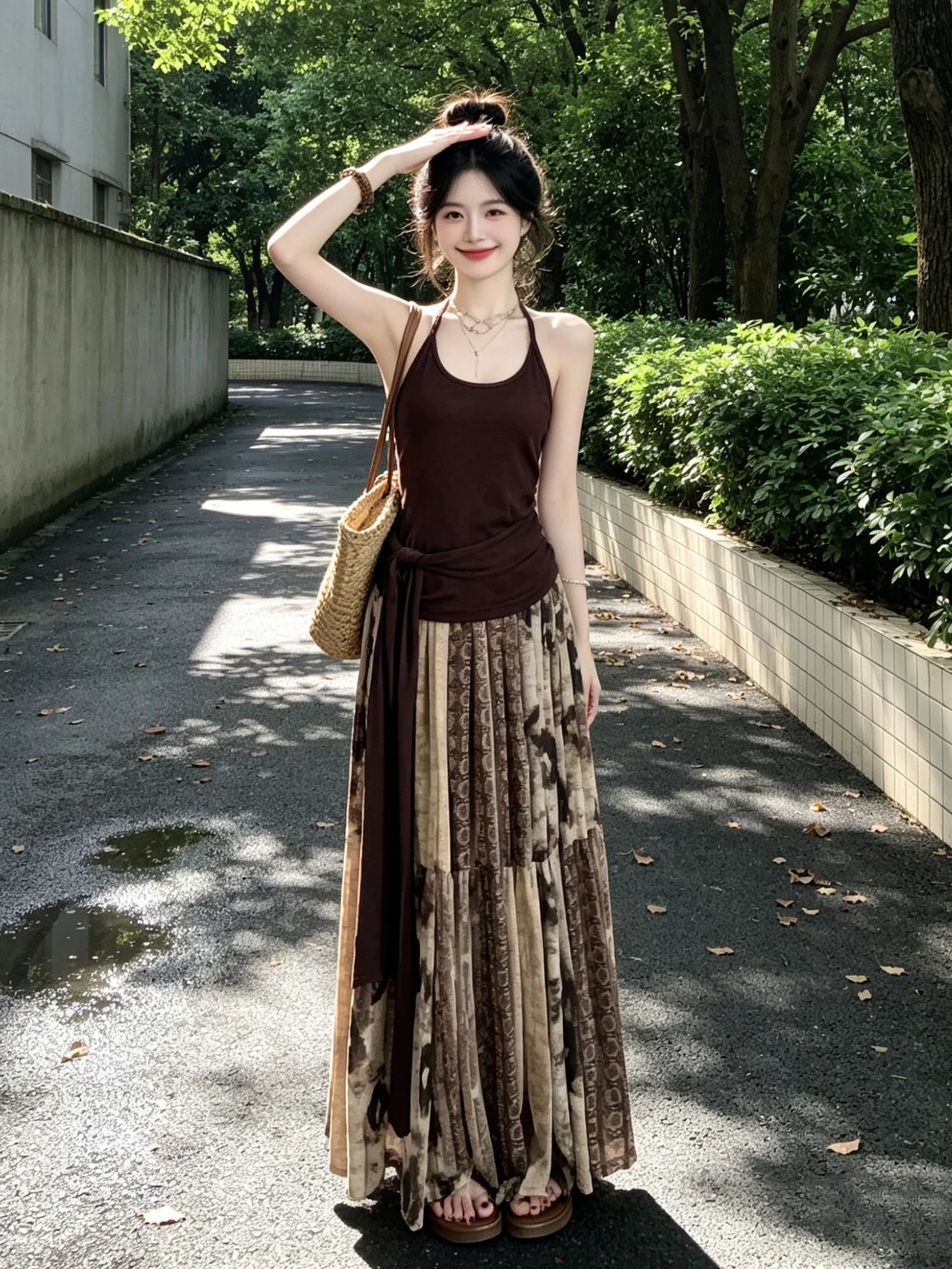 Summer Waste Land Style Women's Set with Belted Neck Hanging Vest Top And Skirt Two-Piece Set Breathable Polyester Fabric