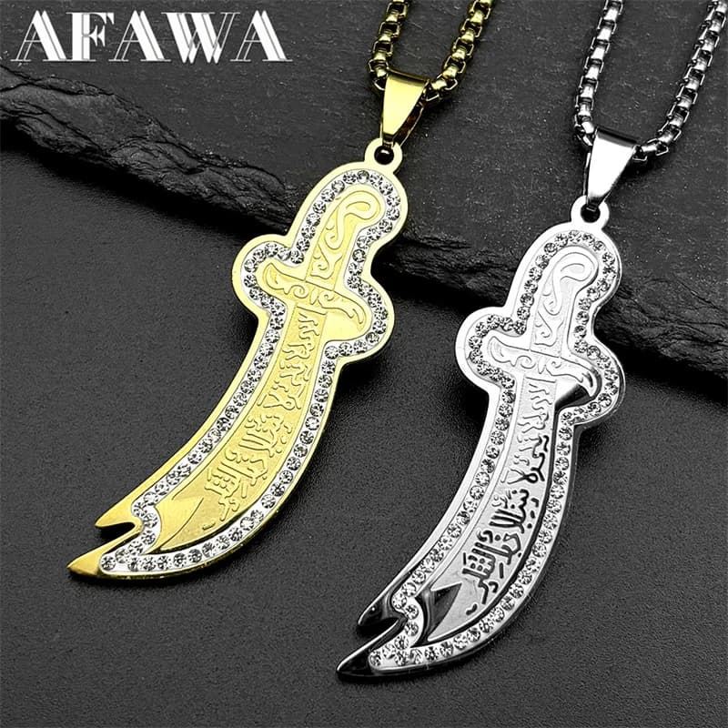 Collana con ciondolo spada islamica Imam Ali Zulfiqar per donna uomo acciaio inossidabile color oro strass regalo di gioielli a catena araba