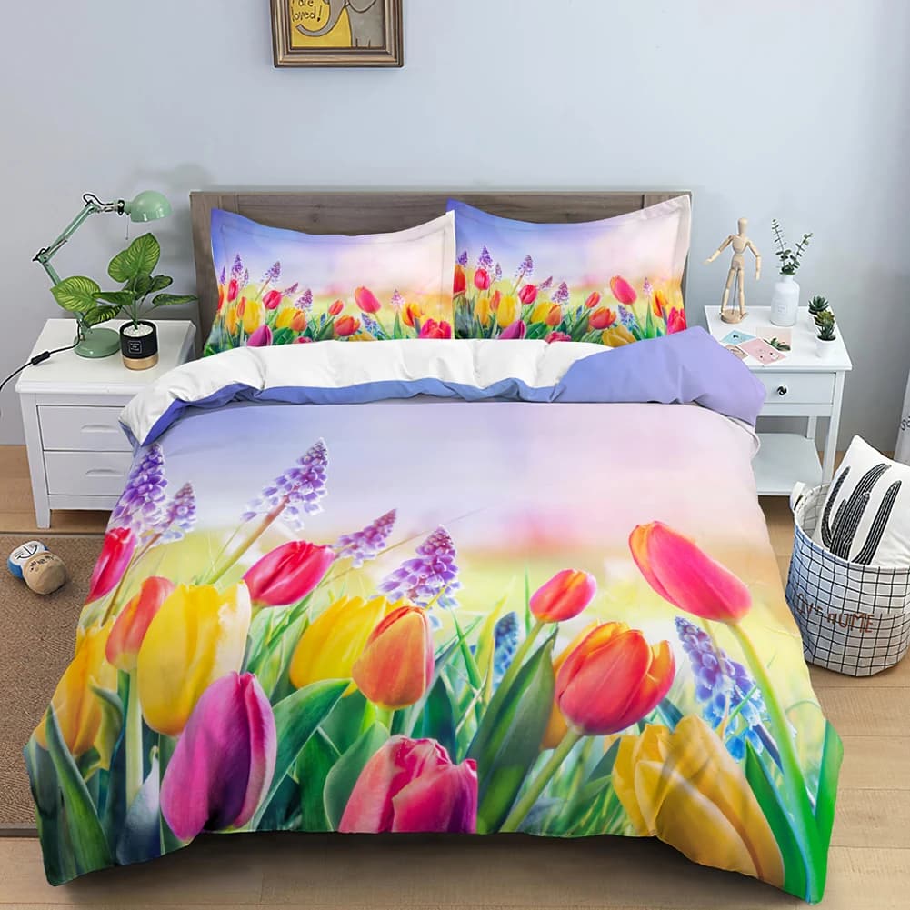 Set biancheria da letto di lusso Set copripiumino con stampa tulipano rosa stampa 3D copripiumino King Queen Size per copripiumino in poliestere da sposa