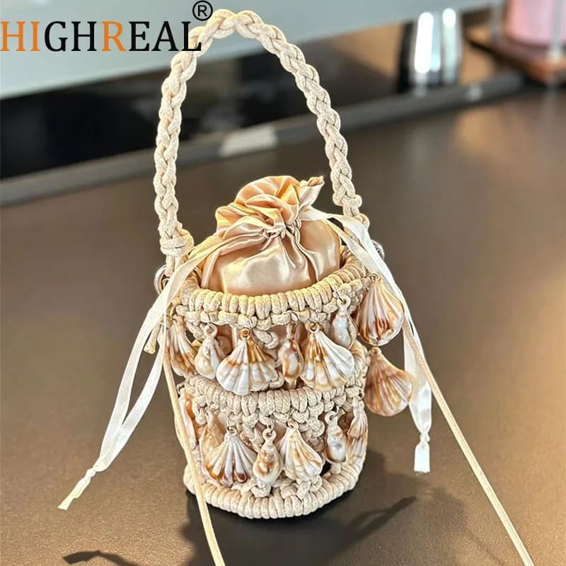 Borsa da Donna in Conchiglie Intrecciate, Borsa a Spalla Lavorata a Mano, Borse da Spiaggia Boho con Conchiglie, Mini Borse a Tracolla Traforate per Donne