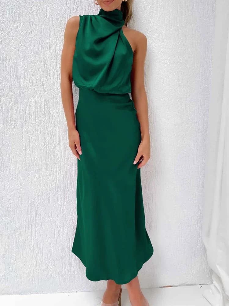 Foridol A shoulder turtleneck satin party dress woman dress with zip without sleeves elegant folds vintage women's clothing 2025