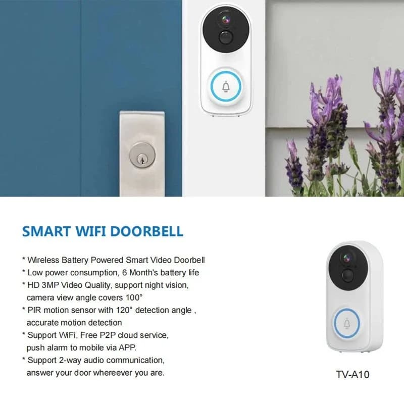Videocitofono IP Wi-Fi 3MP 1296P con App iCsee/Trishome, Basso Consumo, Alimentazione a Batteria, Telecamera Spioncino Digitale