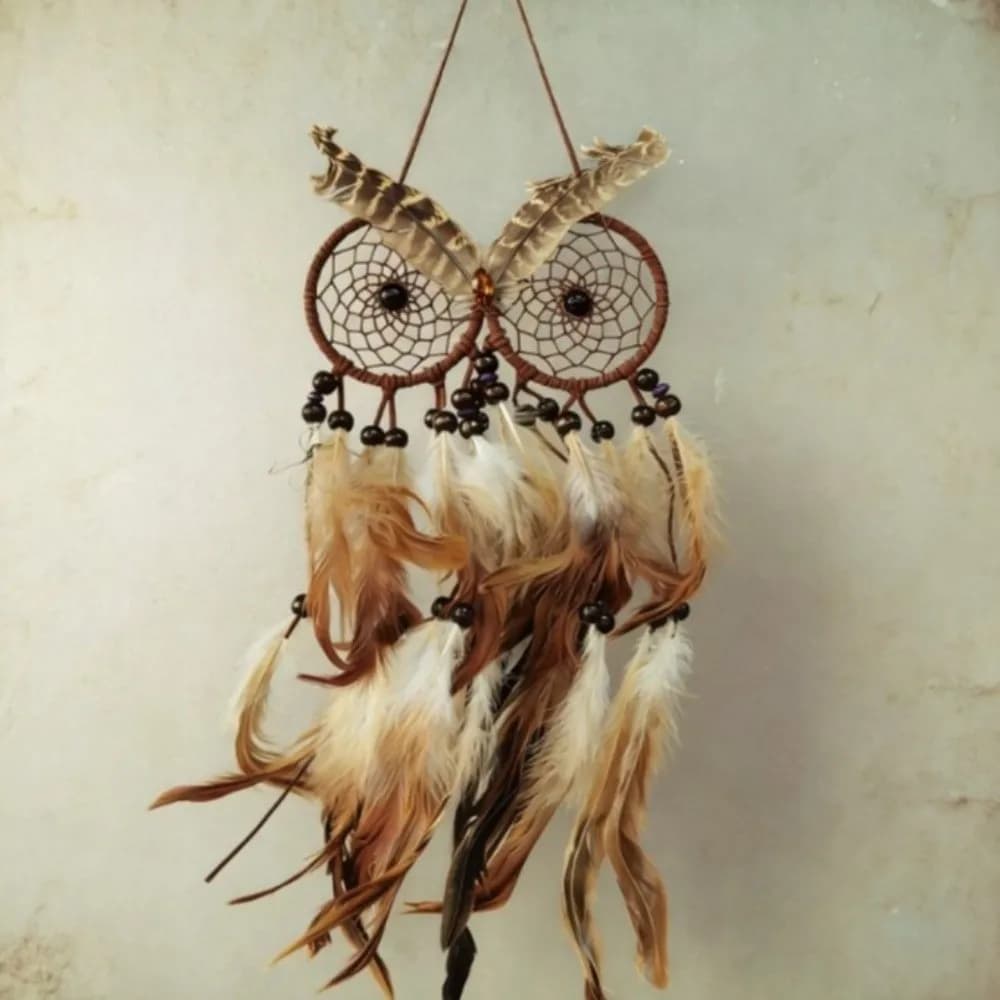 Nordic Style Owl Shaped Dream Catcher Brown Feathers Handcrafted Dreamcatcher Net Circular Net Wall Hanging Home Decor