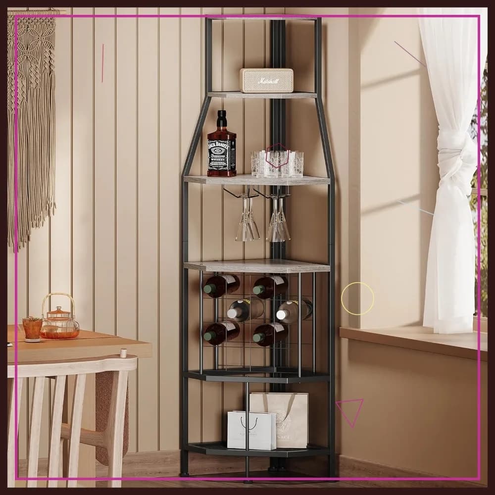 Portabottiglie Angolare a 5 Ripiani con Portabicchieri e Scomparto per Bottiglie, Scaffale Industriale in Metallo e Legno per Casa, Bar, Cucina, Sala da Pranzo