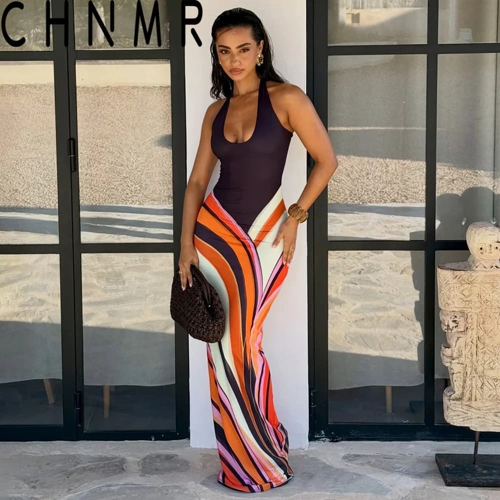 CHNMR Summer Sexy Halter Backless Printed Satin Vacation Beach Dress For Women Sleeveless Vintage Loose Irregular Robe Vestidos