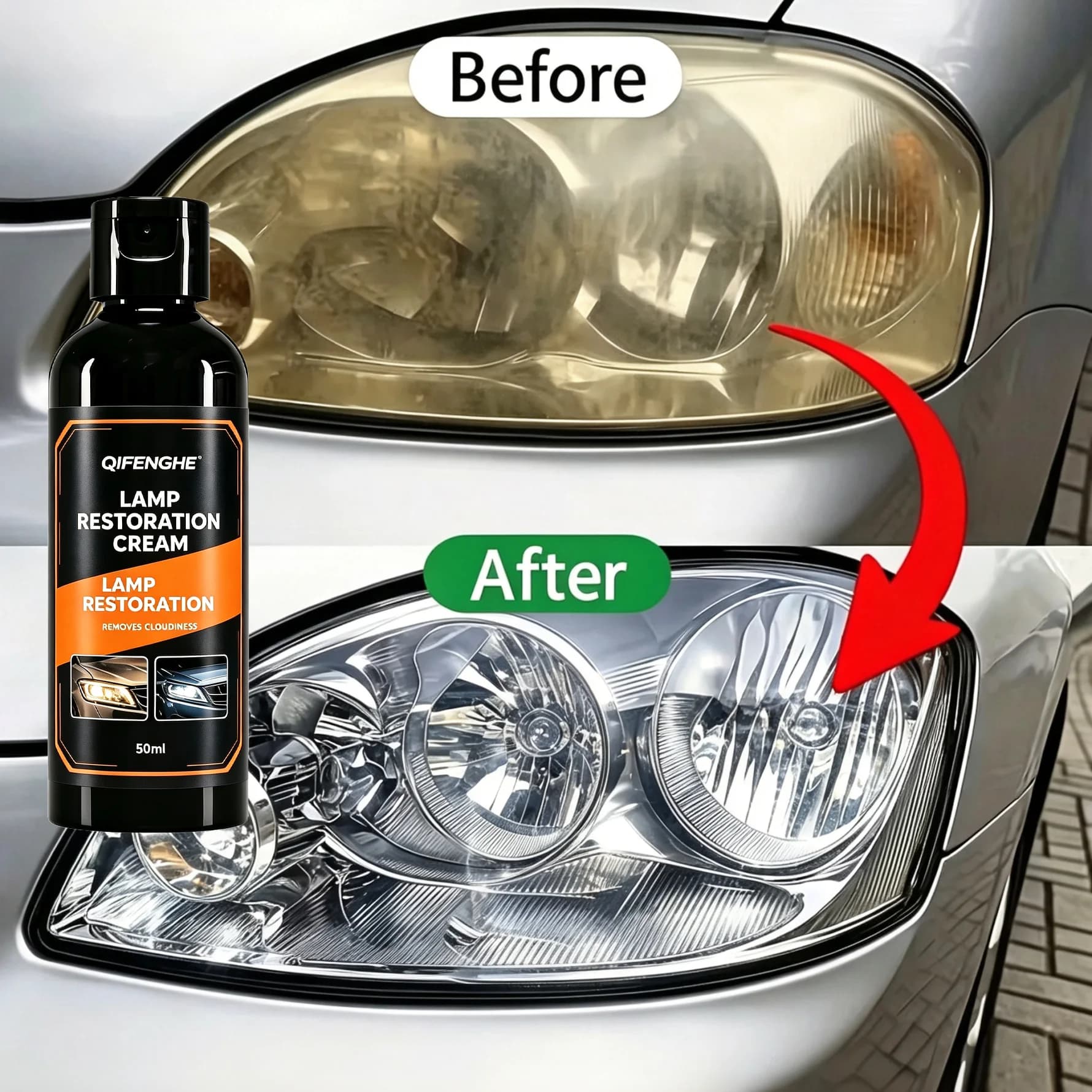 Car Headlight Restoration Cream, Headlamp Restorer Lotion, Removes Yellowing Haze & Oxidation, Restores Clear Lens Shine