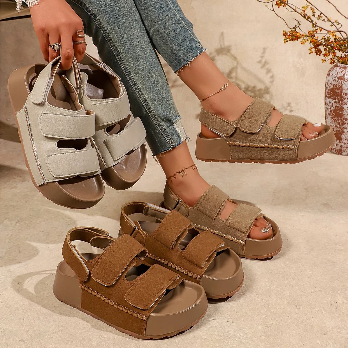 Fashionable Velcro Design Solid Color Retro Women's Thick-soled Sandals 2026 Summer New Simple Non-slip Wear-resistant Sandals