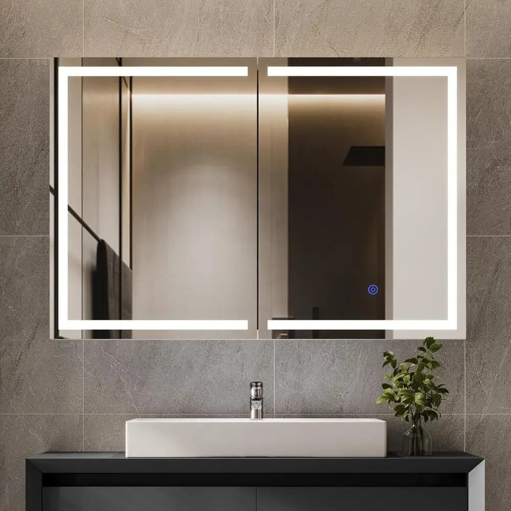 Lighted Medicine Cabinet with Mirror, Wall Mounted Bathroom Mirror with Storage, 2 DoBathroom Wall Cabinet with LED Lights, 31.5