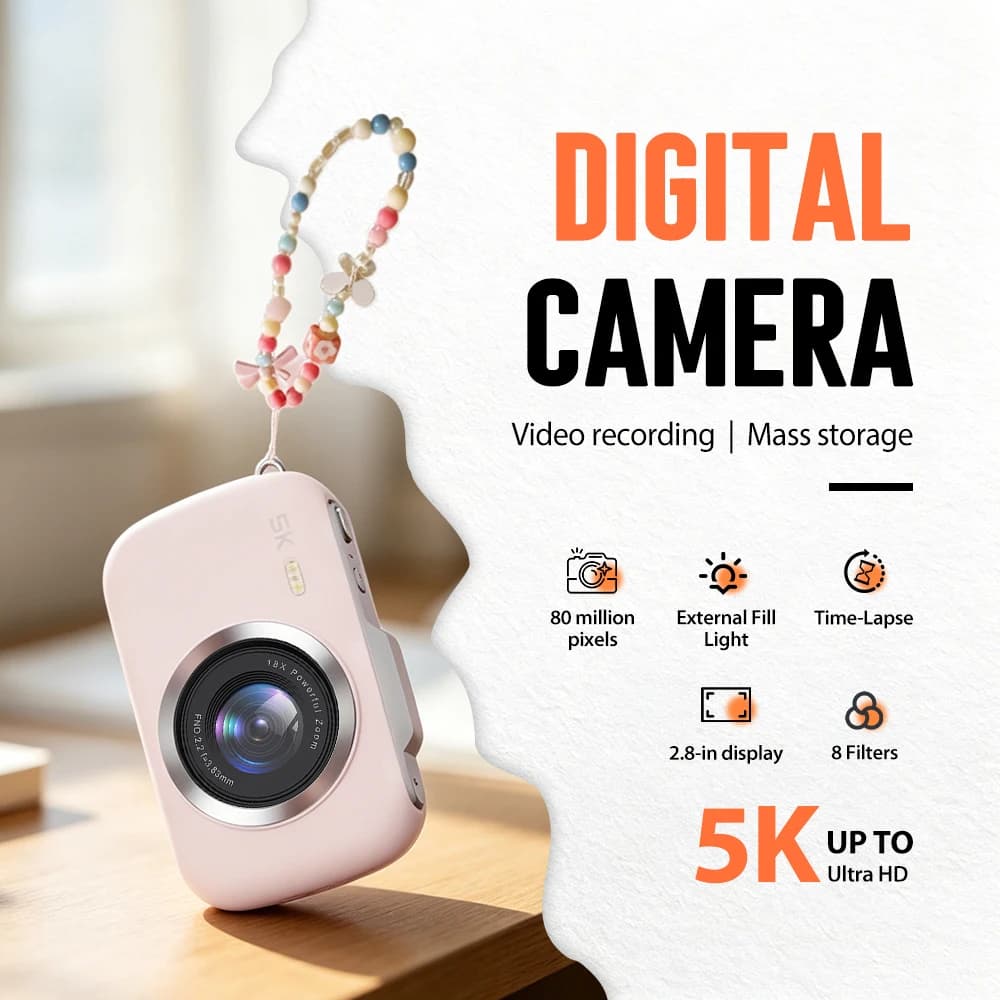 Videocamera 80MP con Foto 5K UHD, Schermo da 2.8'', Zoom Digitale 18X, Flash/Luce di Riempimento, Loop/Slow Motion/Time Lapse, 8 Filtri, Webcam per PC
