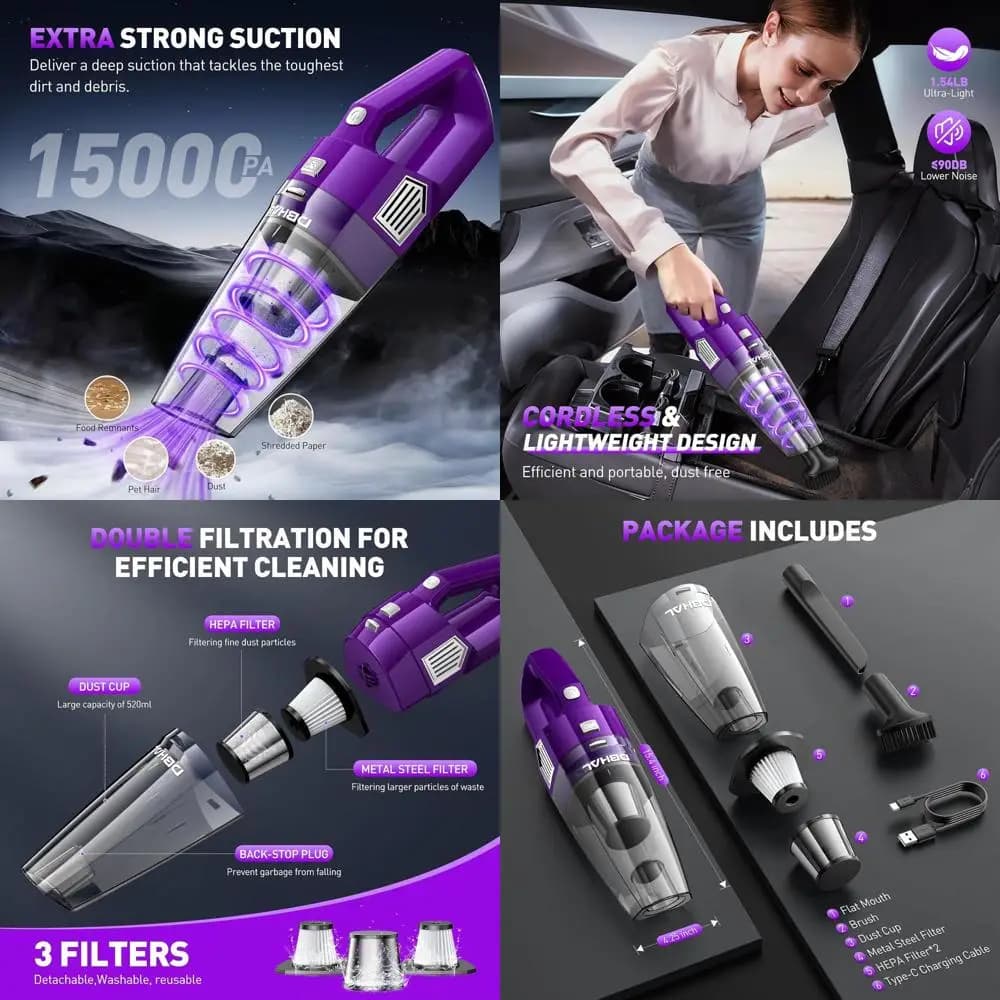 15000PA Wireless Car Portable Vacuum Cleaner with Multipli Accessories, Lightweight and Rechargeable for Domestic and Vehicular Use