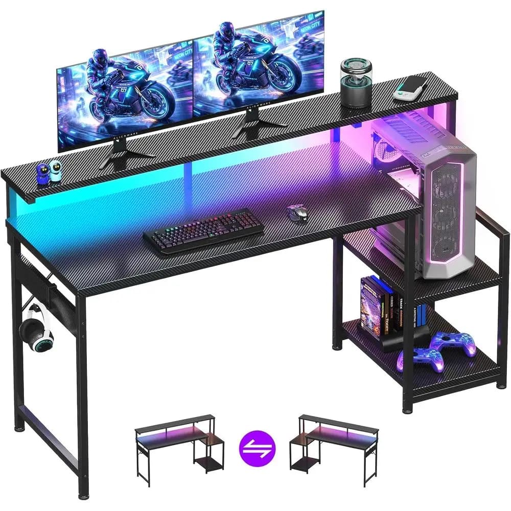 55 LED-lit Gaming Desk with Storage, Reversible Carbon Fiber Black Monitor Stand Desk