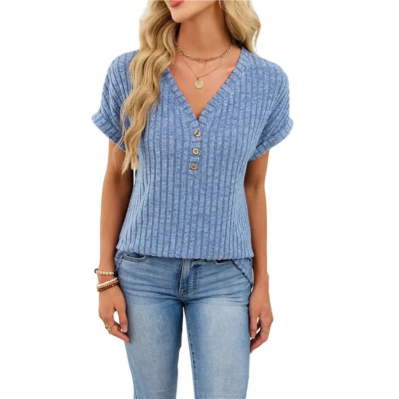 ABRT - Maglione a Maniche Corte da Donna, Top Texturizzato, Outfit Casual Elegante, Camicetta da Lavoro, Camicia Autunnale Blu XXL