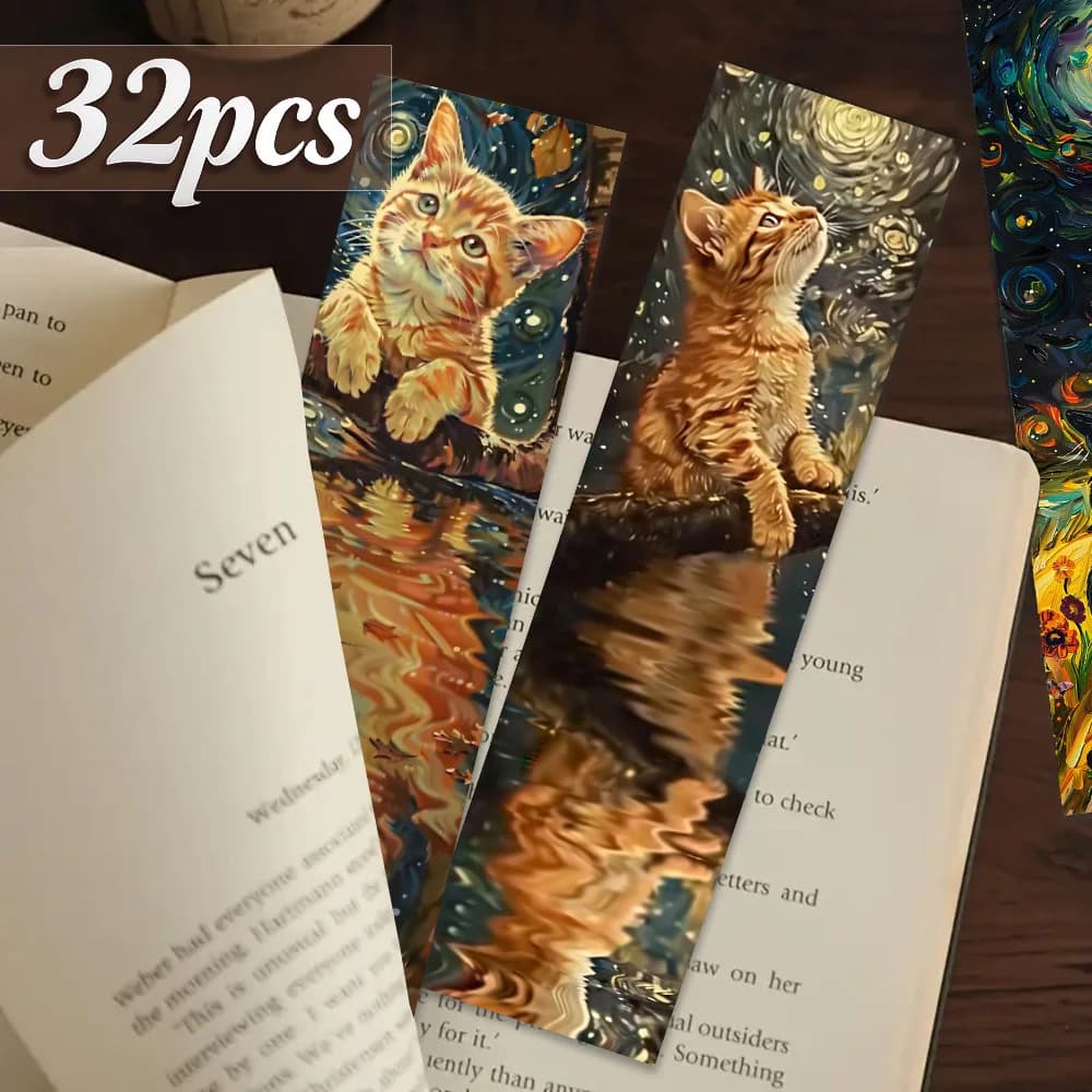 32pcs Bookmarks Set, Starry Night and Cats, Night Forest Style, Bird and Tree, Perfect for Teachers, Readers, Book Lovers