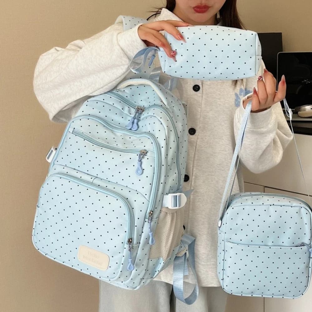 Cute Polka Dots 3PCS Set Schoolbag Backpack Crossbody Bag Pencil Case Large-Capacity Casual Travel Backpack Student Backpack