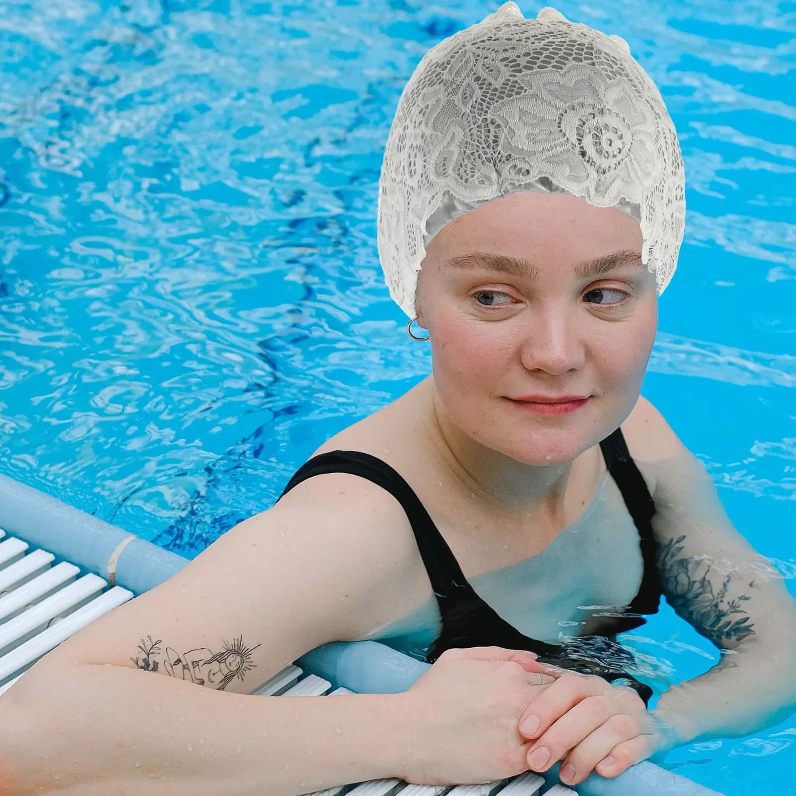 2 Piece Swimwear Waterproof PU with Women's Lace, Elastic Bath Hats, Fashion Swimming Copricapo for Ladies, Hair Protection