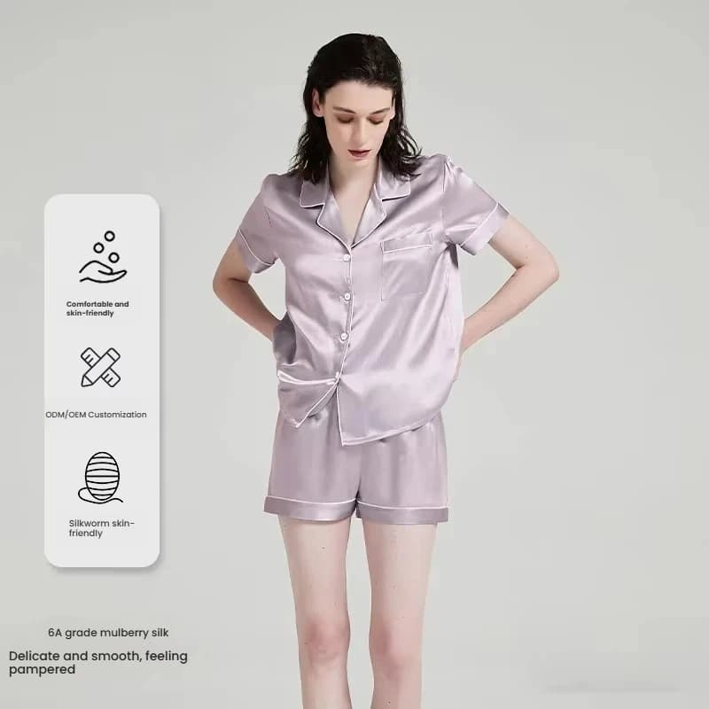 Set Pigiama in Seta di Gelso 100% 19 Momme per Donna, Abbigliamento da Notte a Maniche Corte, Completo Due Pezzi in Raso, Tuta Casual per Casa