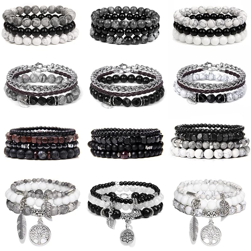 Set di Bracciali in Pietra per Uomo, Bracciale Elastico Multistrato con Perline di Legno Vulcanico Nero, Gioielli Hip-Hop Punk Stile Vichingo