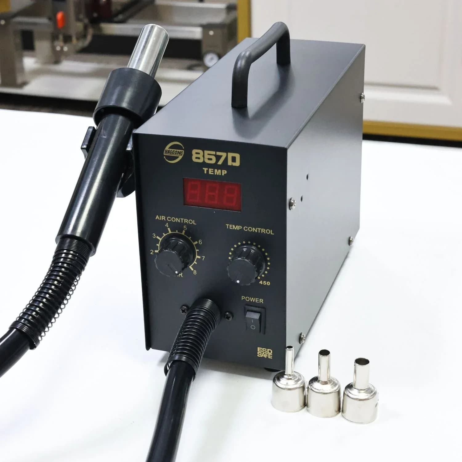 YAOGONG 857D Pistola termica/pistola ad aria calda regolabile con stazione di rilavorazione per saldatura a vento elicoidale per la riparazione PCB della scheda madre del telefono