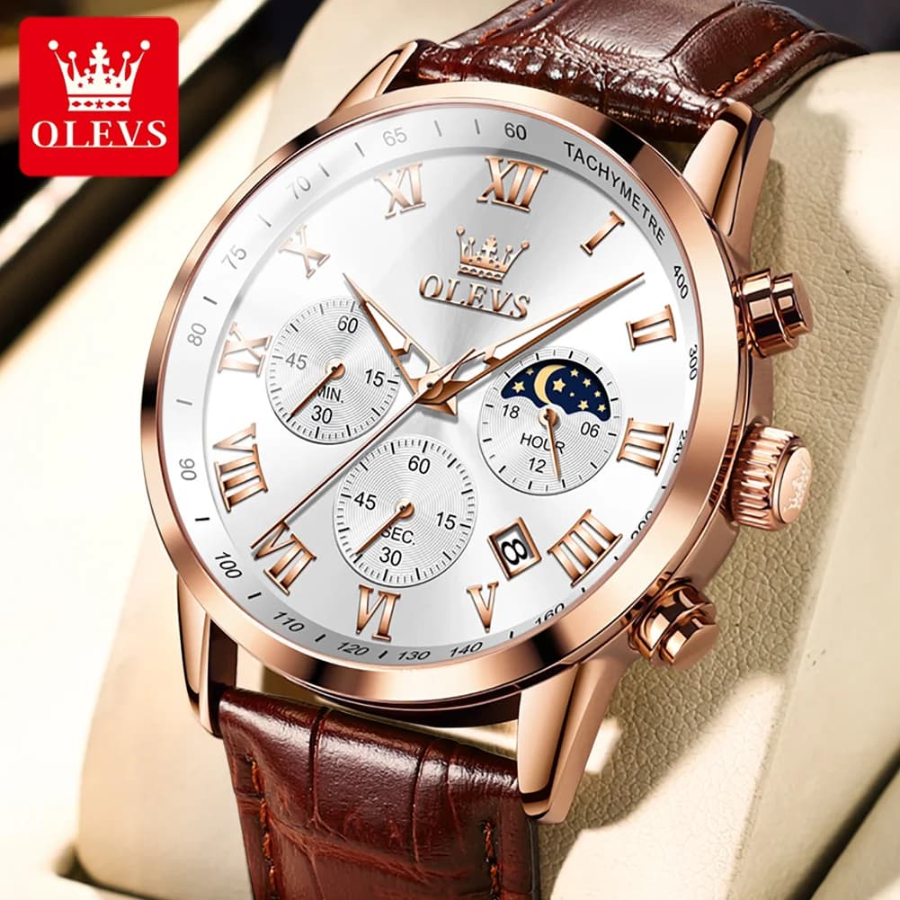 OLEVS luxury quartz watch for men Business waterproof Sport male watches leather strap moon phases Relogios Masculino wristwatch