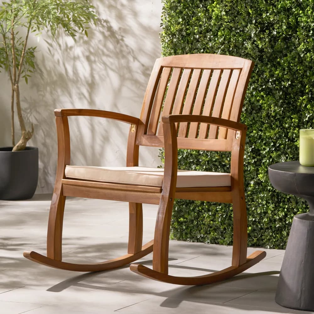 Acacia wood outdoor rocking chair with comfortable cushions, for patio, garden, poolside, lawn