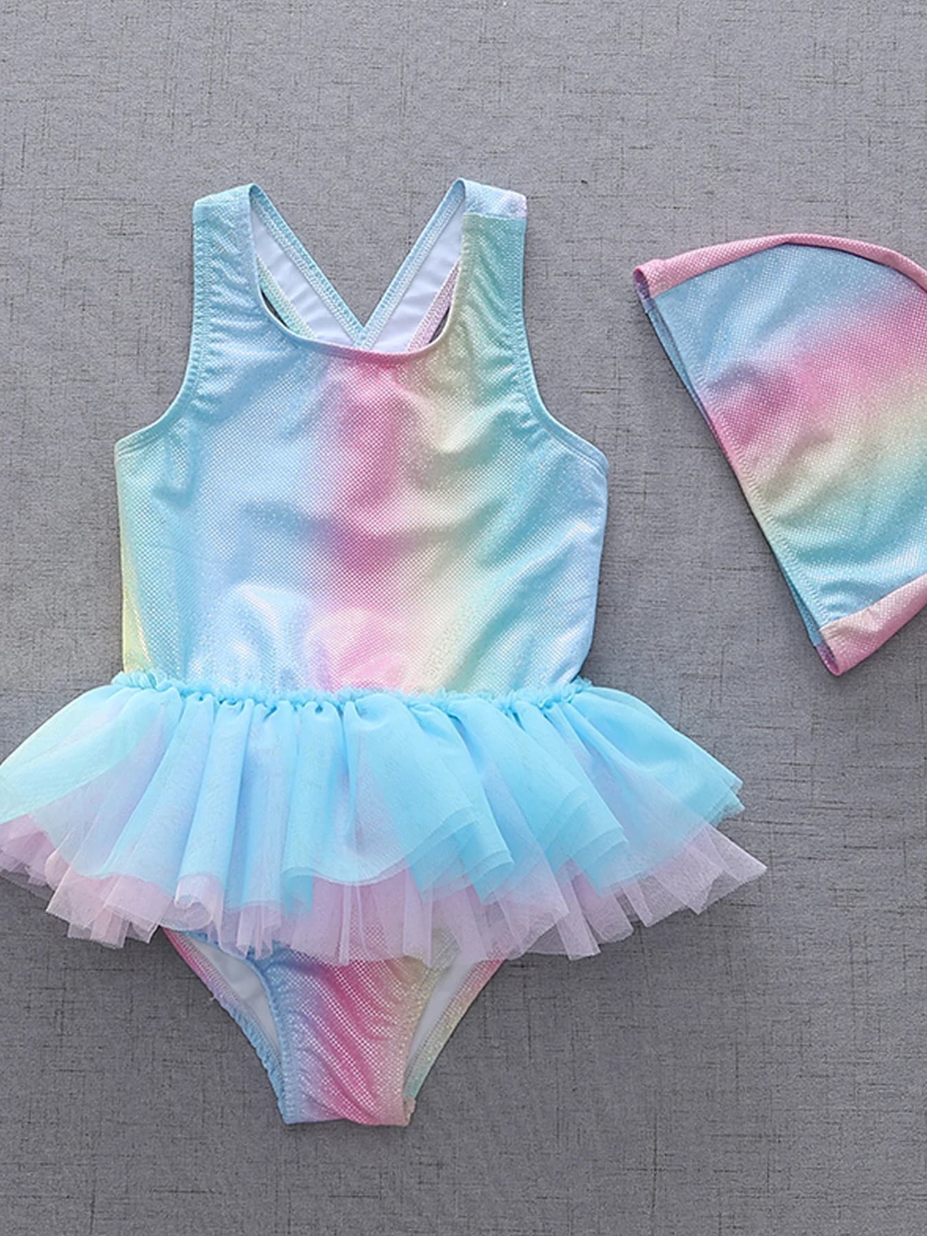 Costume da bagno a sirena da ragazza in due pezzi con gonna arricciata, stampe colorate sono perfette per sport spa e spiaggia senza maniche