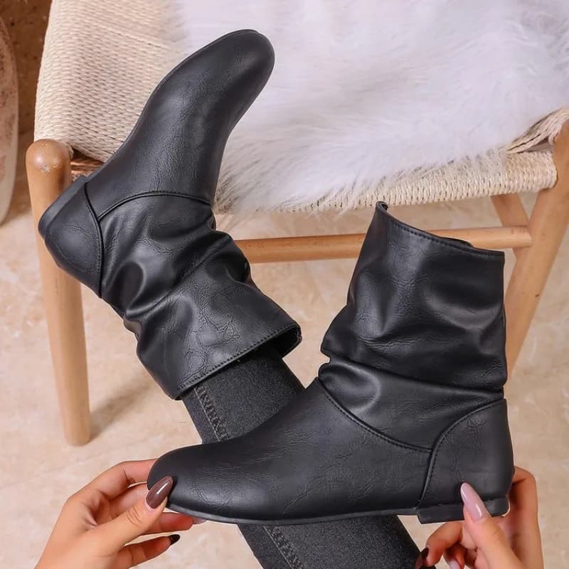 Women's Slouchy Ankle Boots Round Toe Flat Heel Slip-On Leather-Look Upper Casual Autumn Winter Daily Outdoor Shoes Footwear