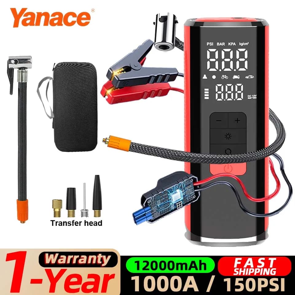 1000A Car Jump Starter With Air Compressor Power Bank Portable 150PSI Air Pump 3 In 1Outdoor Camping Lights Emergency Boosters