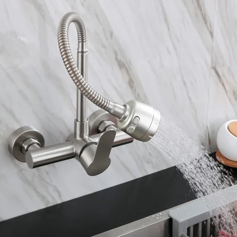 Rubinetto da cucina in acciaio inossidabile 304 Rubinetto miscelatore a parete con doppio foro Rubinetto da cucina caldo freddo 2 modalità Rubinetti spruzzatori con rotazione a 360 gradi