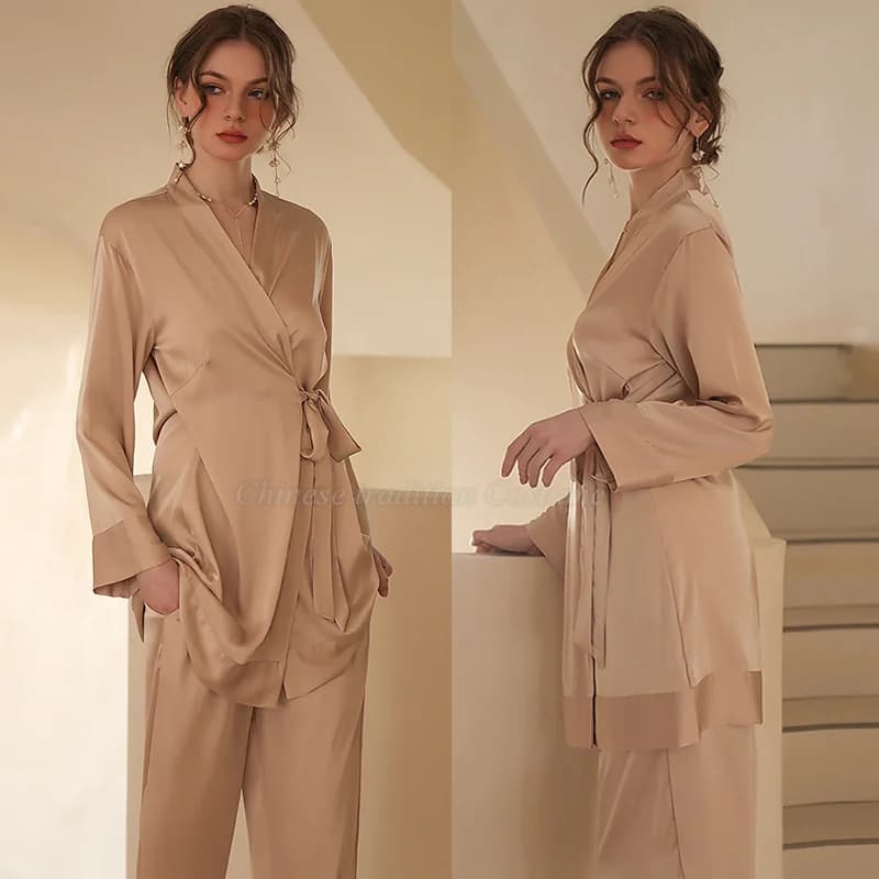 2023 Nuovo Pigiama Da Sposa Vestito Kimono e pantaloni 2 Pezzi Vestito Sexy Con Scollo A V Vestiti Per La Casa Delle Donne di Raso di Seta Degli Indumenti Da Notte Lunghi Pigiama Pour Femme