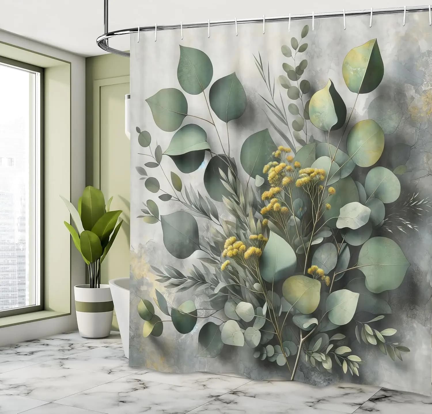 Tenda da doccia con foglie di eucalipto, Gloomy Love of Nature su sfondo artistico ad acquerello neutro, tessuto per bagno De