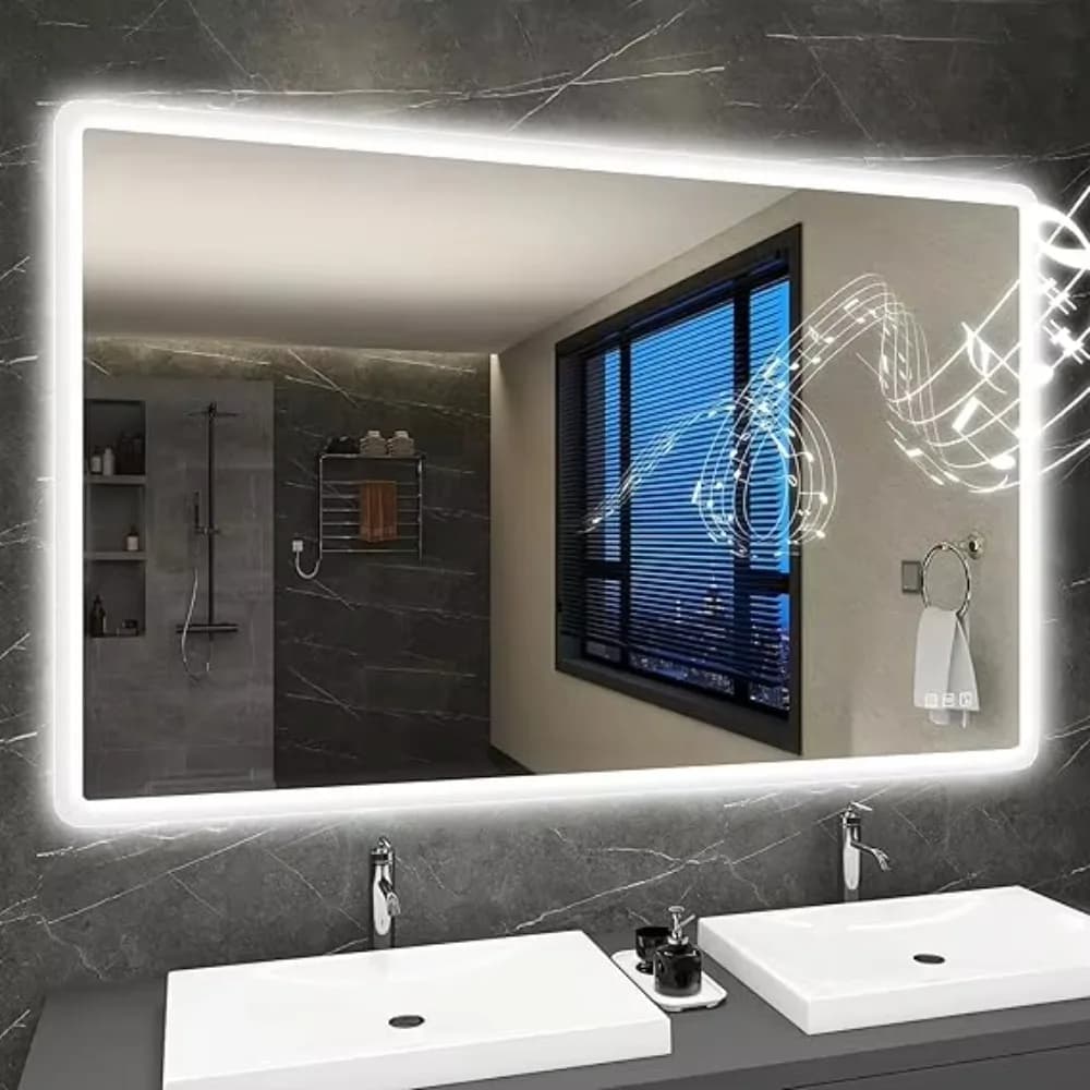 55"x36" LED Tempered Glass Modern Wall Mount Bathroom Mirror with Bluetooth Speaker Anti-Fog Waterproof Dimmable Touch Control