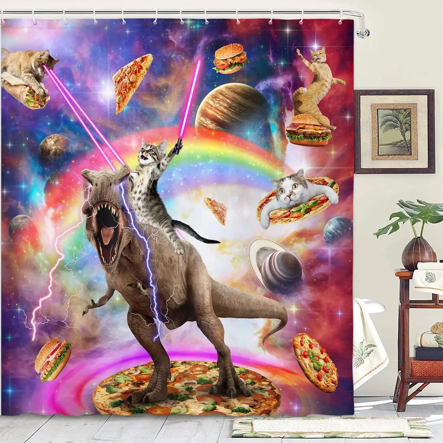 Tenda da doccia per gatti divertenti - Dinosauro che cavalca il gatto fresco sulla galassia Spazio - Tenda da doccia per ragazzi e ragazze in tessuto anime esilarante e carino per
