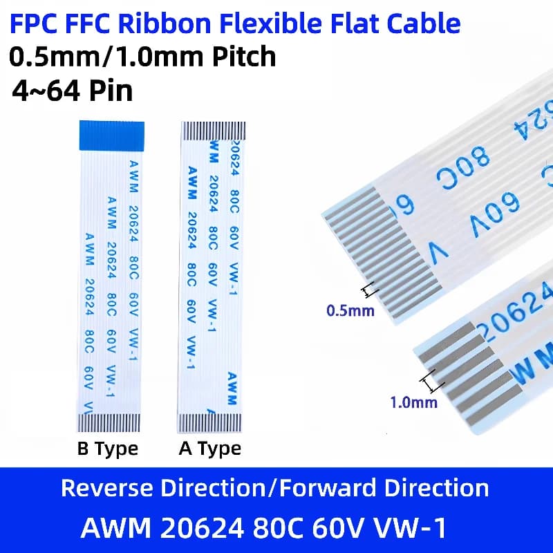 10PCS FPC FFC Nastro Flessibile Cavo Piatto Passo 0.5MM 1.0MM 4/5/6/8/10/12/14/16/20/22/24/26/30/34/40 Spille AWM 20624 80C 60V VW-1
