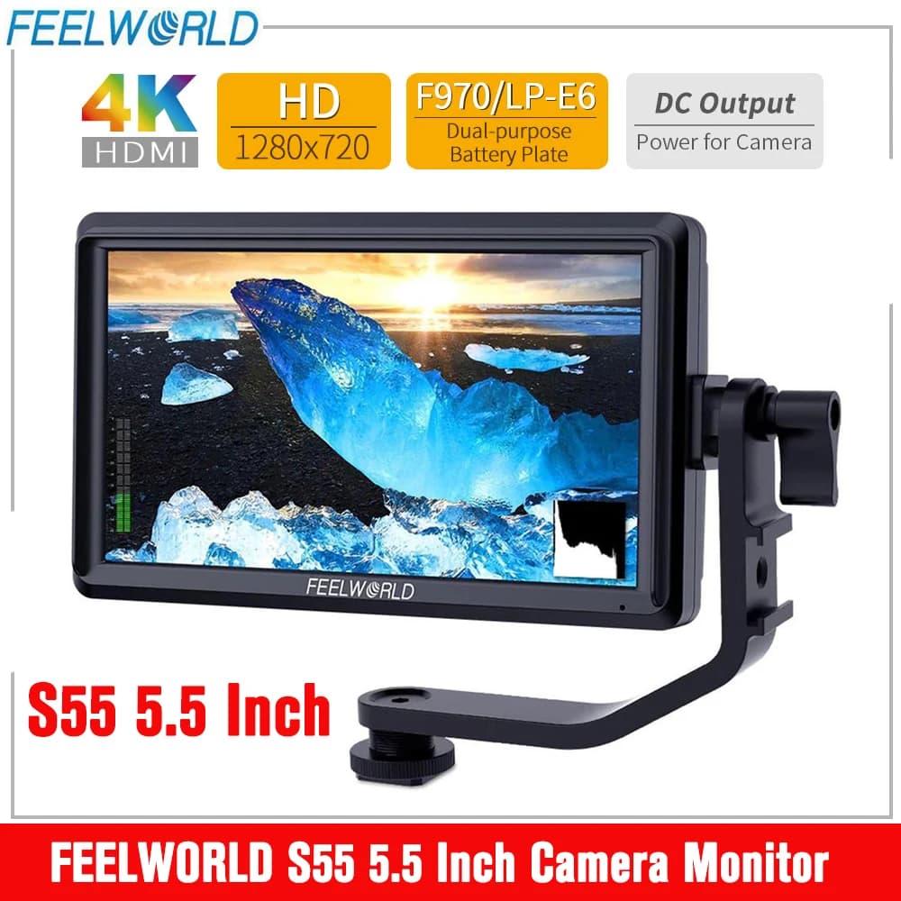 FEELWORLD S55 Monitor da campo per fotocamera DSLR da 5,5 pollici Focus Assist Piccolo HD 1280x720 IPS con braccio di inclinazione uscita CC 8,4 V