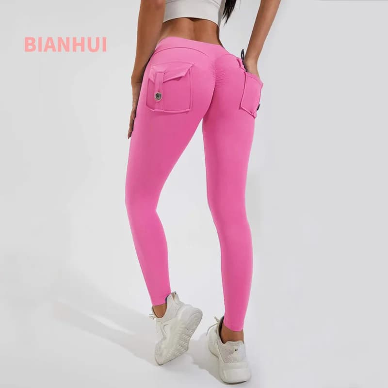 BIANHUI Leggings fitness Donna Tasca Pesca Pantaloni attillati alla moda Pantaloni sportivi push up a vita alta Pantaloni da corsa per allenamento in palestra