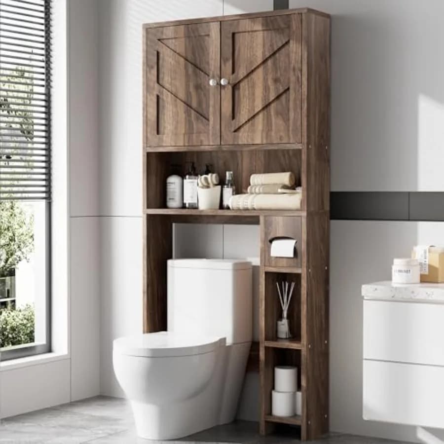Mobiletto portaoggetti da posizionare sopra il WC con porta carta igienica, mobiletto da bagno autoportante, organizer rustico in stile farmhouse.