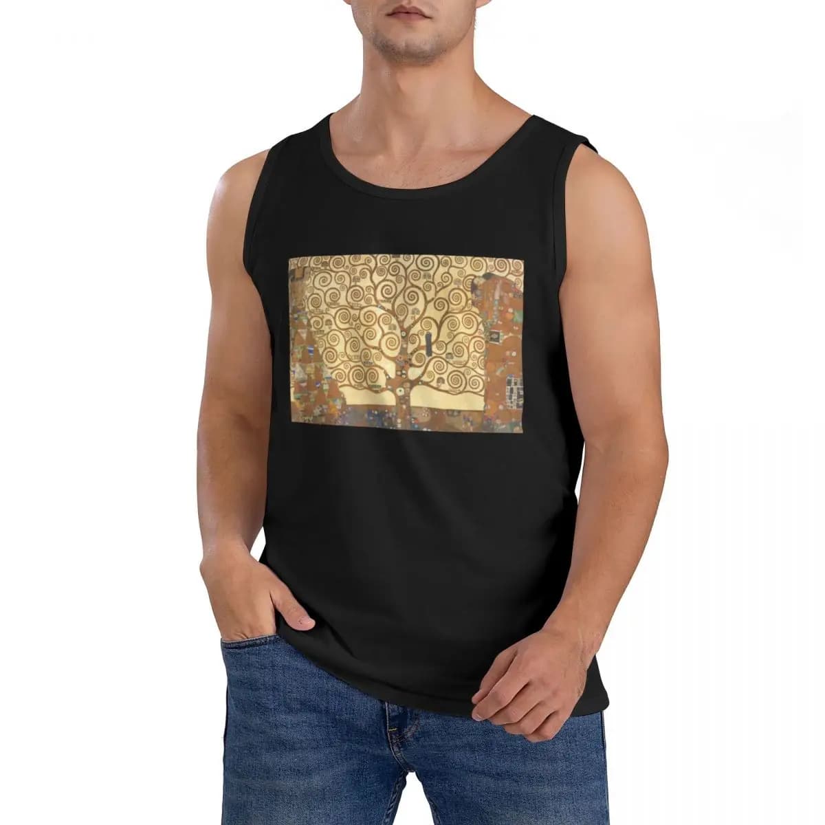 T-shirt senza maniche in cotone 100% con motivo Albero della Vita Stoclet Frieze Gustav Klimt, abbigliamento sportivo da uomo, top, gilet girocollo da uomo
