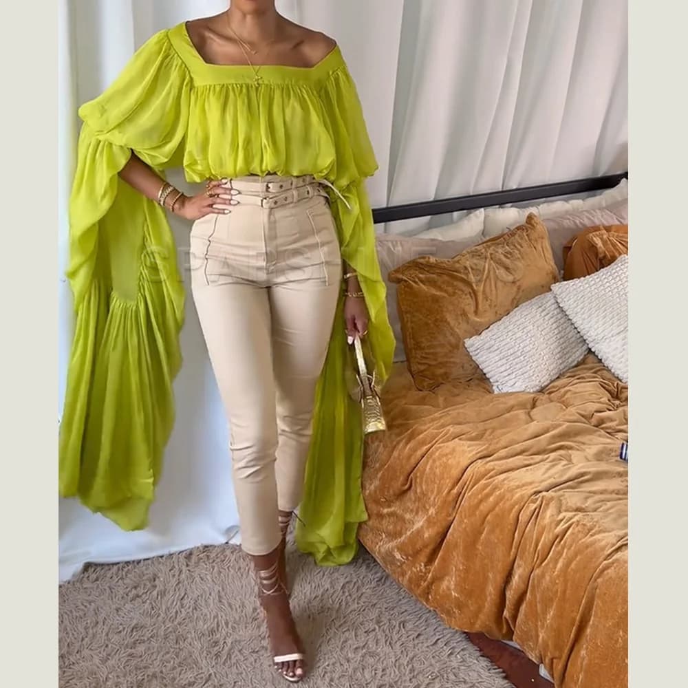 Top corto in chiffon da donna, camicetta a maniche lunghe a sbuffo, camicia trasparente con scollo quadrato e allacciatura sul retro per feste e discoteche