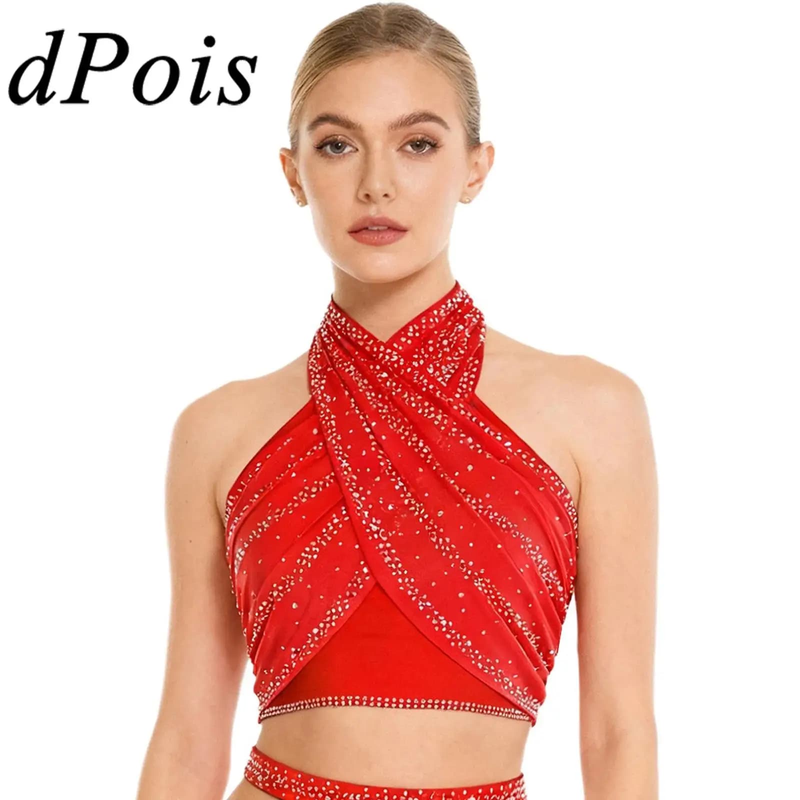 Costume da ballo latino salsa cha-cha da donna Top con scollo all'americana Gilet senza maniche Top corto in rete incrociata sul davanti con strass lucidi senza schienale