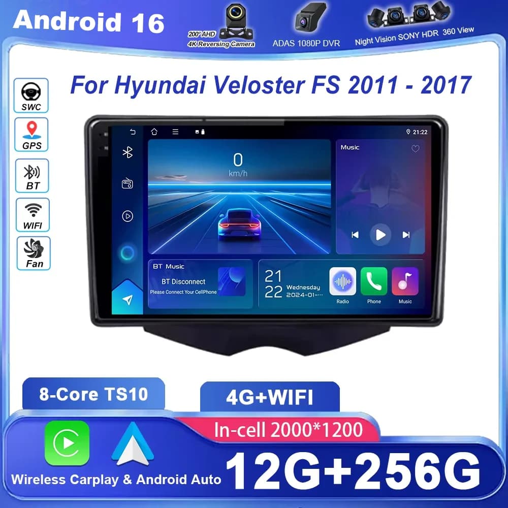 Autoradio Android 16 per Hyundai Veloster FS 2011-2017, stereo multimediale con lettore GPS, navigazione, Carplay e schermo touch QLED.
