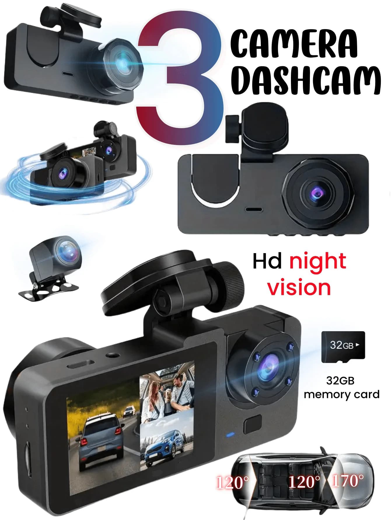 Dash Cam 4K to 3 Objectives for Auto with Cameras Front, Rear and Interior, Night Vision HD, 32GB Card, 170° Grandangular