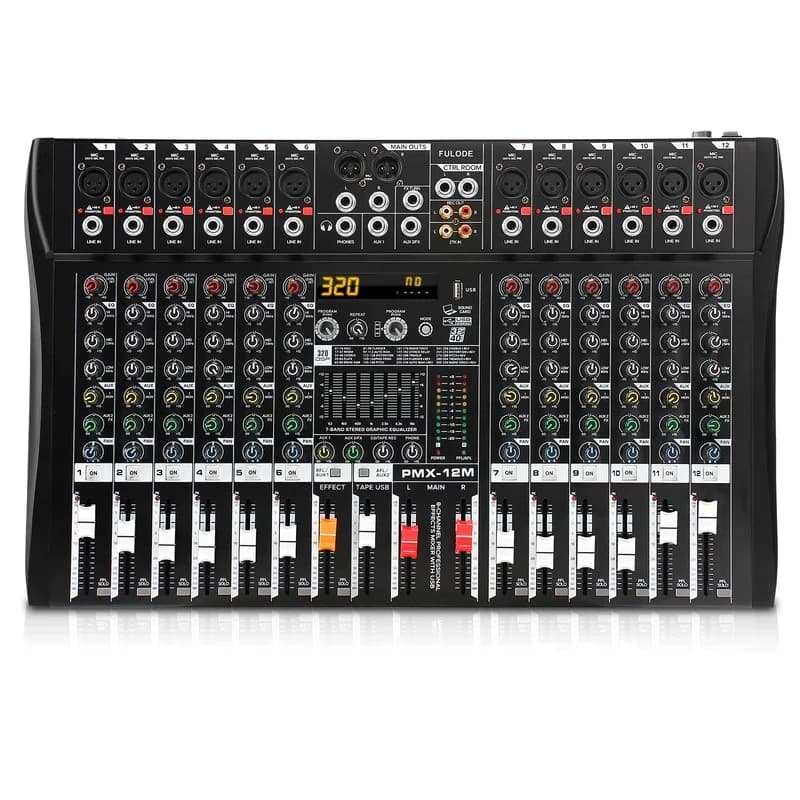Mixer audio Fuluode a 6/8/12/16 canali, console di missaggio mono con 99 effetti digitali, scheda audio USB, mixer per DJ e karaoke, Bluetooth, 48V, 2 AUX