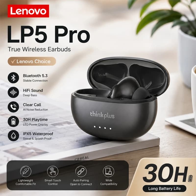 Auricolari Bluetooth 5.4 wireless Lenovo LP5 PRO TWS con audio HiFi, auricolari da gioco LP5Pro, cuffie sportive con lunga durata in standby e controllo touch.