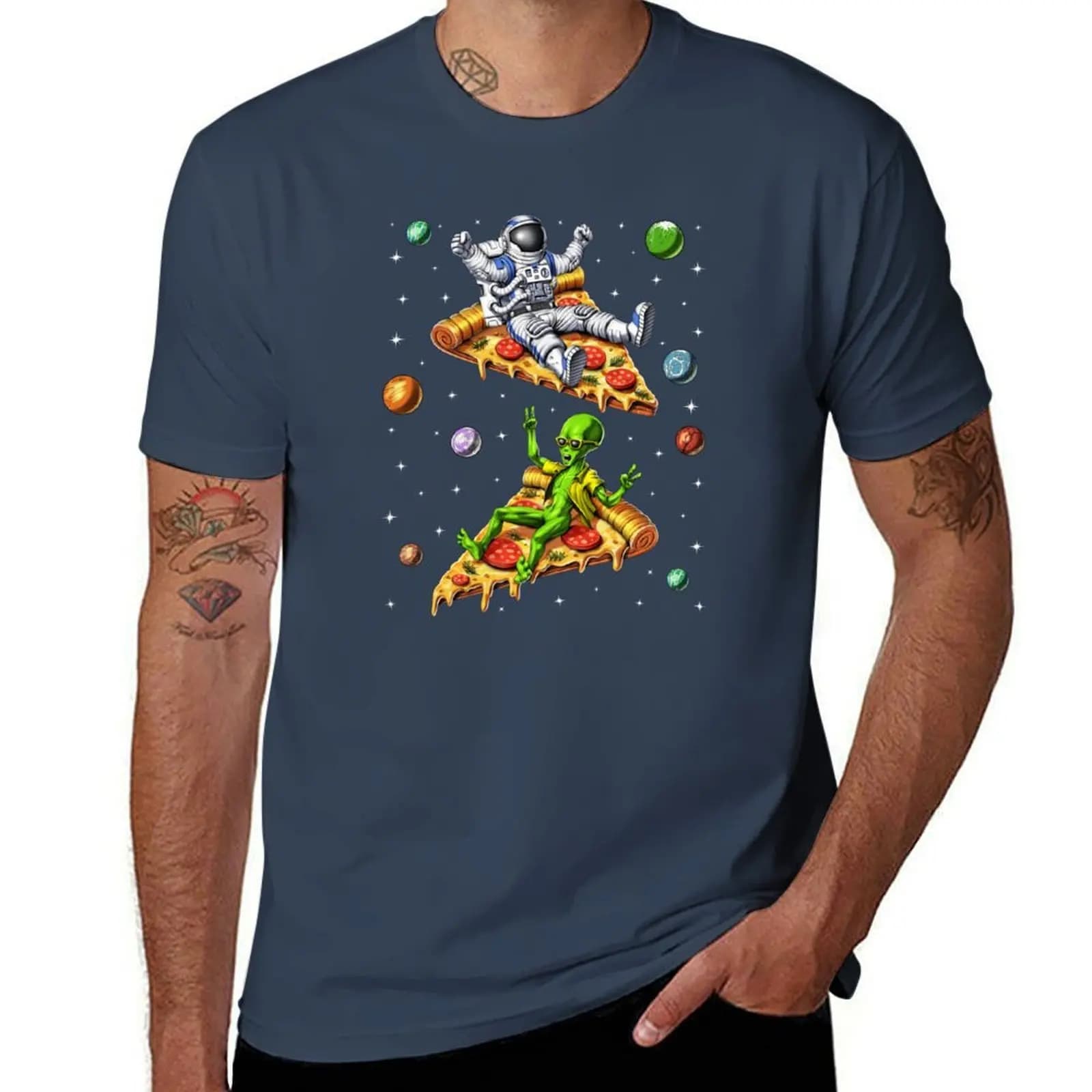 T-shirt Alien Riding Pizza And Astronaut, t-shirt resistente per abbigliamento da lavoro