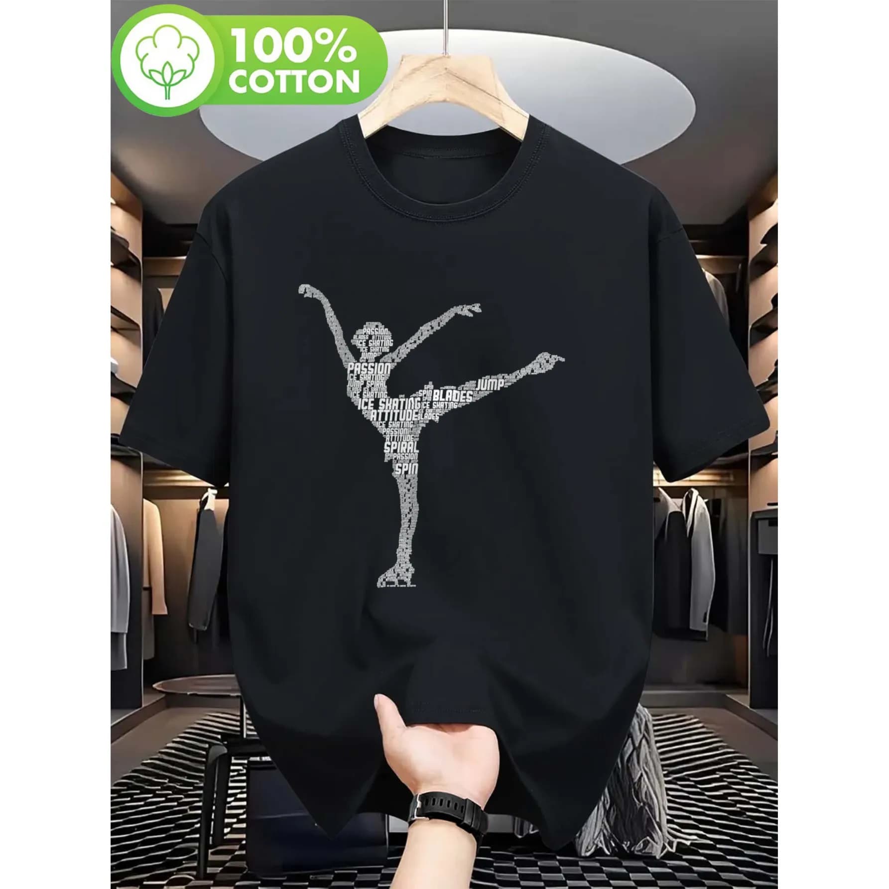 T-shirt a maniche corte con grafica Ice Skating Word Art Figure Skater, traspirante, da indossare ogni giorno