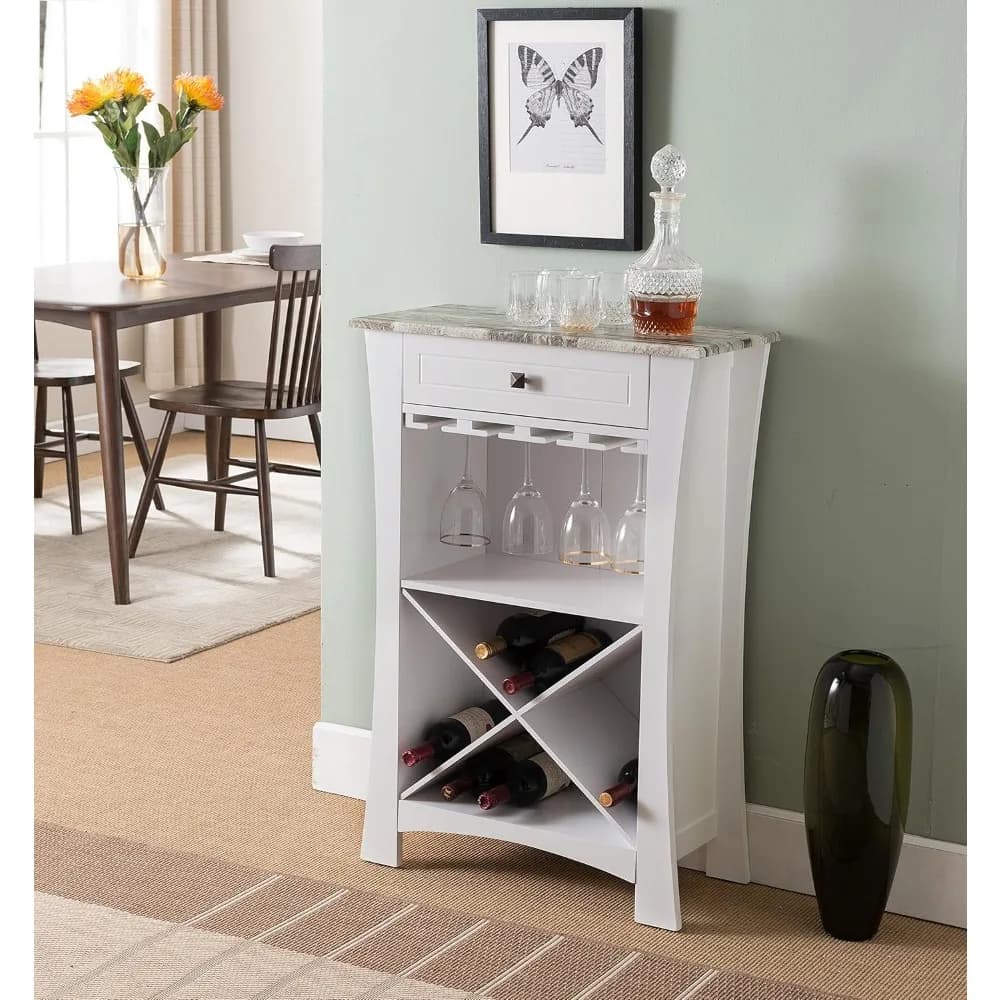 Kings Brand Hiland Bar Cabinet Portabottiglie con supporti in vetro e cassetto, bianco, bianco