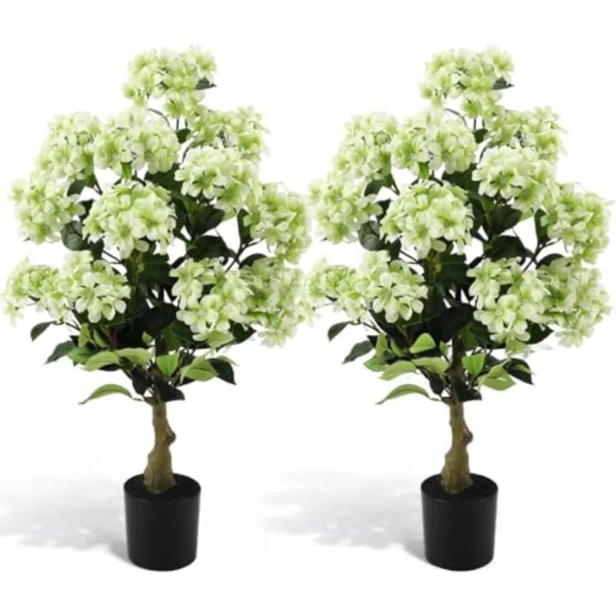 2 Pack 3ft Green Artificial Hydrangea Tree Faux Hydrangea Tree UV Resistant Faux Silk Plant with Cement Base Pot Realistic Topi